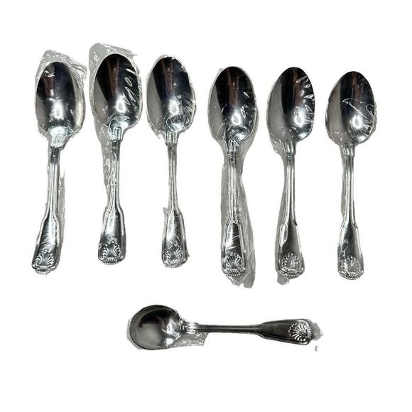 Vtg Olde Chelsea Pattern Silverplated 6 Dinner Spoons + Round Spoon in Plastic - Picture 2 of 15